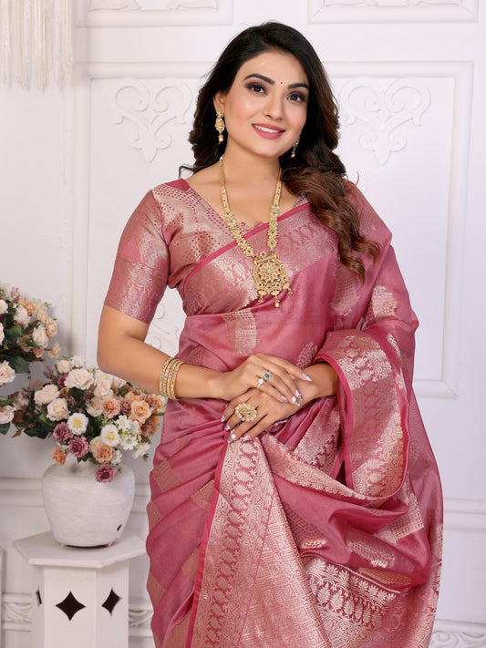 Pink Weaving Soft Organza Saree With Blouse