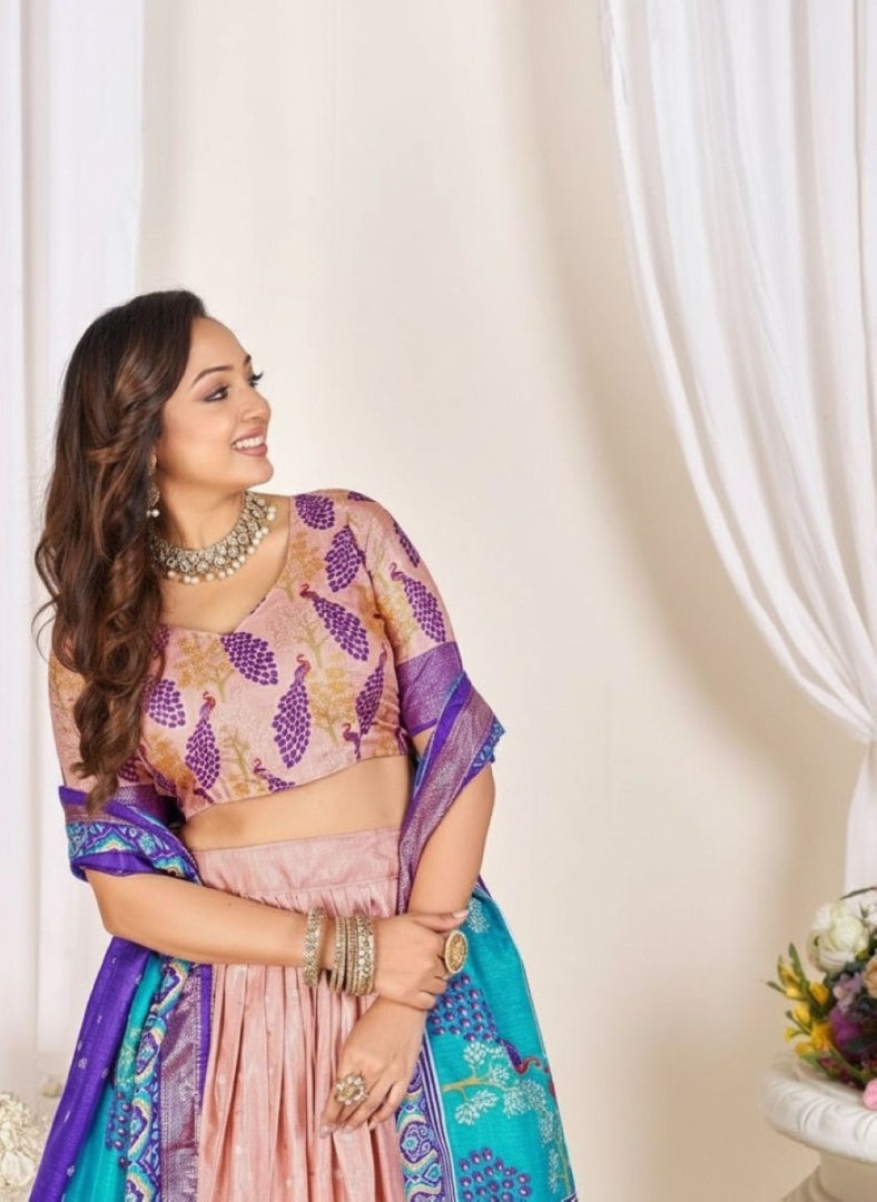 Pink patola print dola silk semi stitched lehenga choli with tassels