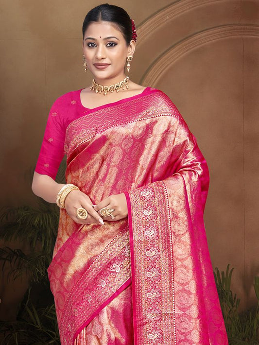 Rani Pink Color Kanjivaram Silk Fabric Woven Designer Graceful Partywear Saree
