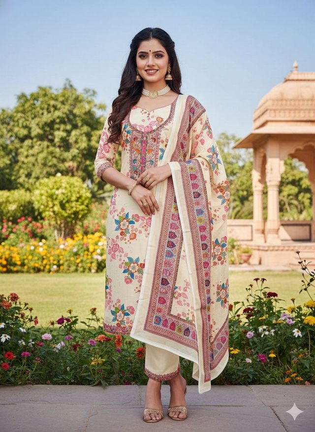 Cream Color Beautiful Chinon Fabric Ethnic Salwar Kameez