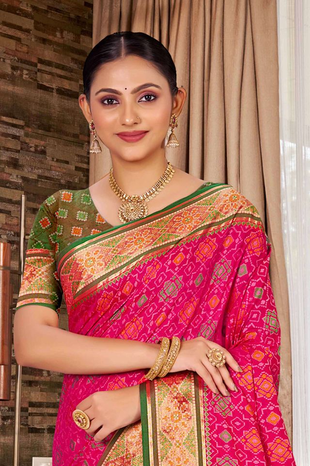 Pink Color Ethnic Patola Silk Fabric Beautiful Festive Saree