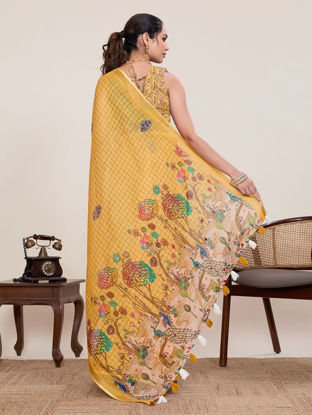 Mustard Color Linen Silk Fabric Ethnic Partywear Saree