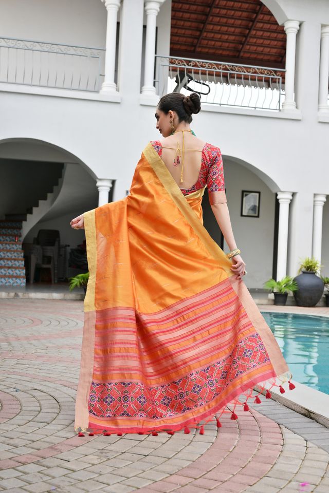 Orange Color Khadi Raw Silk Fabric Woven Meena Rich Pallu Border Designer Beautiful Saree