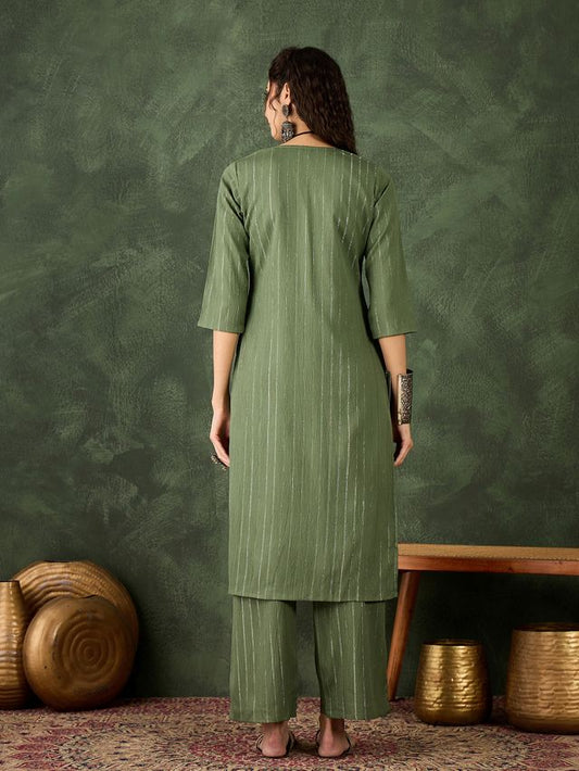 Green Color Cotton Silk Blend Beautiful Stylish Tendy Top Bottom Set