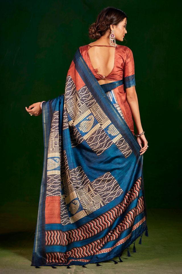 Rust Color Gathan Silk Fabric Designer Digital Printed Partywear Saree