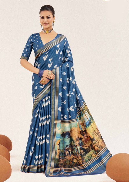 Blue Color Cotton Silk Fabric Designer Digital Printed Saree