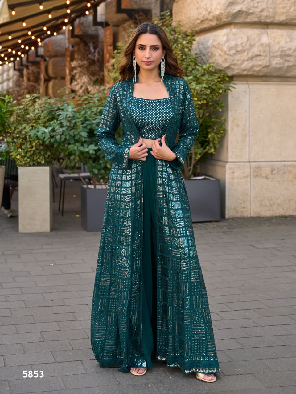 Heavy Georgette Full Stitched Indowestern Crop Top, palazzo & Shrug Set