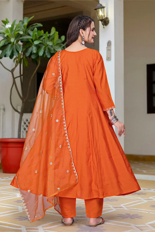 Women's Beautiful Vichitra Fabric Embroidery Work Flared Anarkali Pant and Dupatta Set Rubina