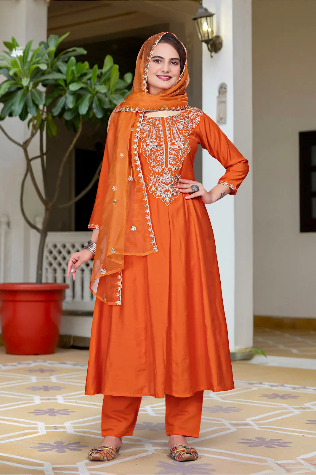 Women's Beautiful Vichitra Fabric Embroidery Work Flared Anarkali Pant and Dupatta Set Rubina
