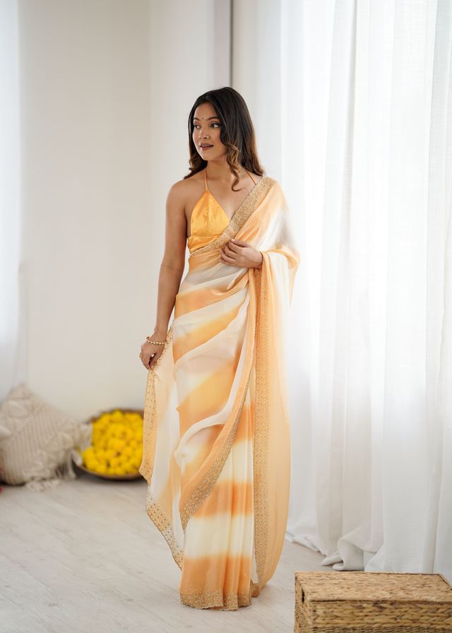 Yellow Color Beautiful Fendy Satin Fabric Saree With Glamorous Zarkan Diamond Work