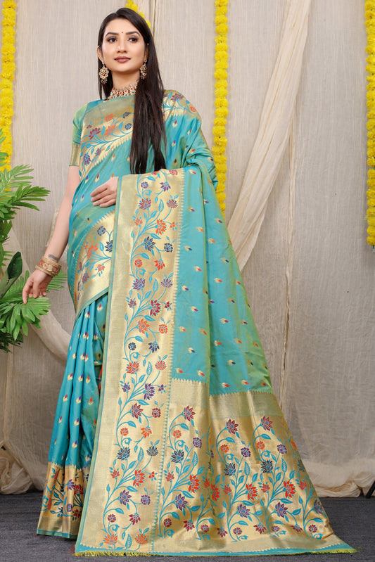 Sky Woven Design Pure Silk Banarasi Saree With Blouse