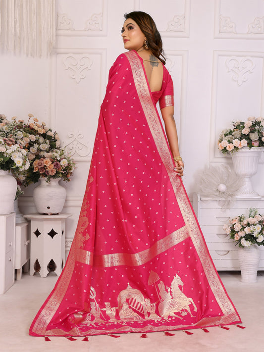 Rani Pink kochi Silk With Bandhej Weaving Saree With Blouse