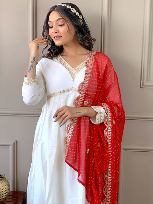 Women's Gorgeous Embroidery Chandrei Fabric Straight Kurta, Pant and Dupatta Set