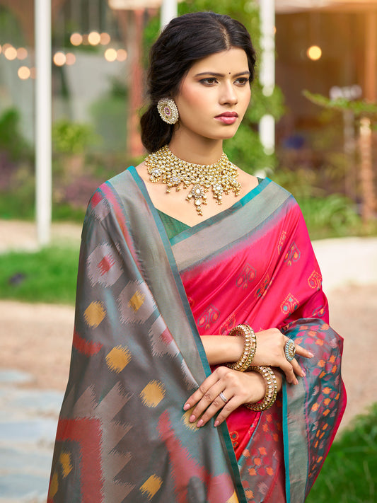 Red Soft Silk Saree with Floral Printed Work with Blouse
