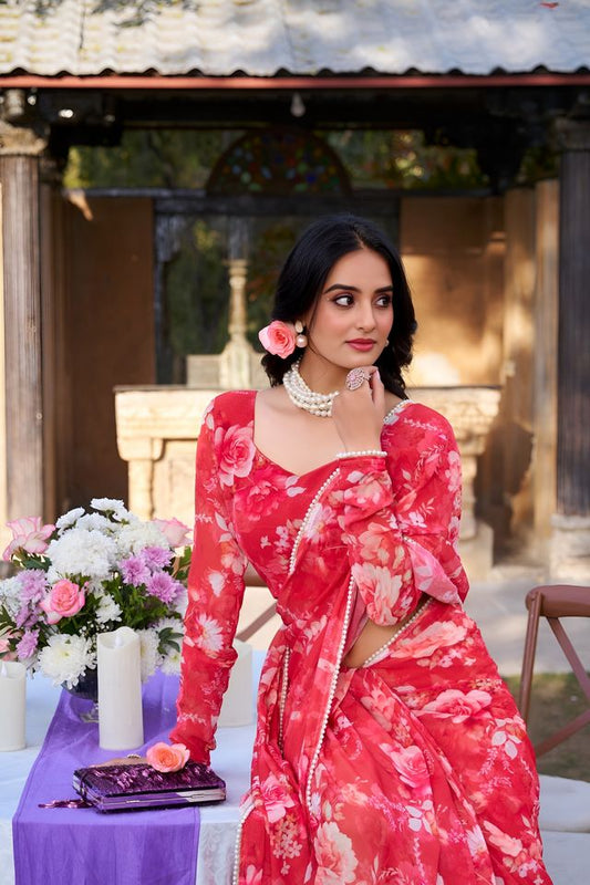 Red Color Georgette Fabric Beautiful Floral Printed Saree