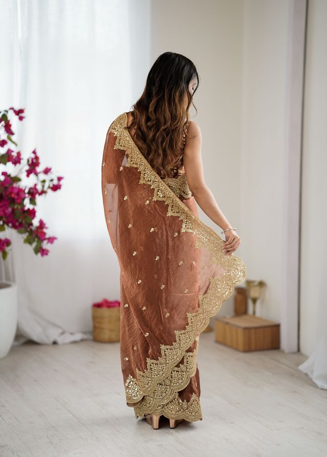 Brown Color Fendy Chiffon Fabric Beautiful Embroidered Saree