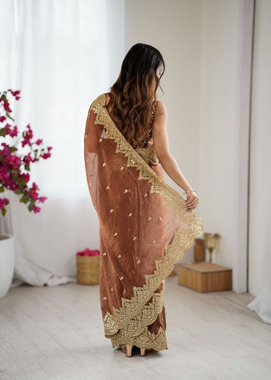Brown Color Fendy Chiffon Fabric Beautiful Embroidered Saree