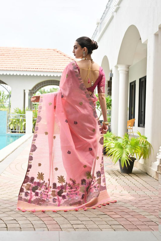 Pink Color Chanderi Cotton Fabric Weaving Reshan Flower Designer Ethnic Saree