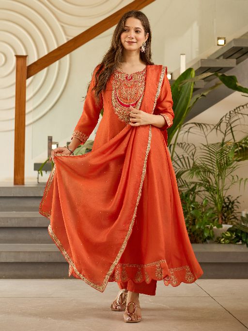 Women's Gorgeous Embroidery Vichitra Silk Fabric Flared Kurta, Pant and Dupatta Set