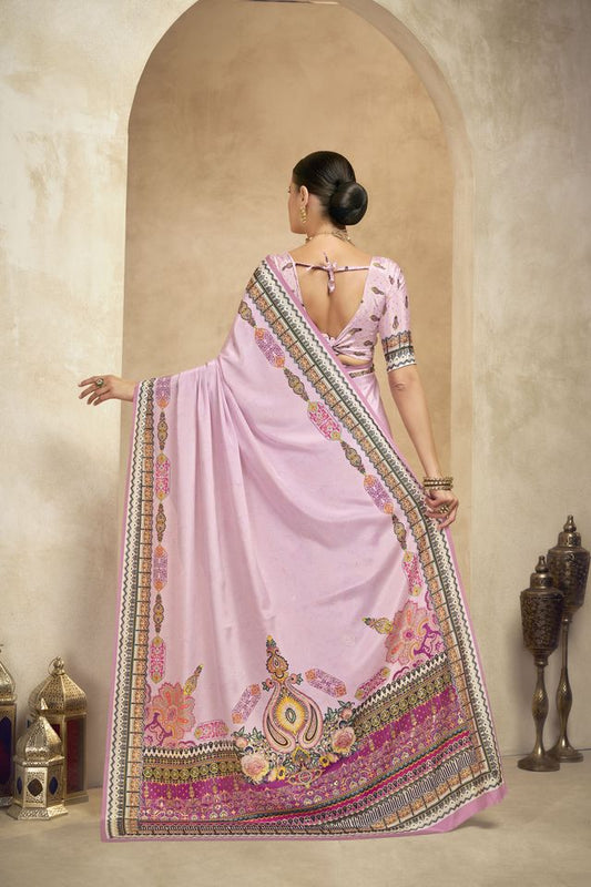 Graceful Ethnic Purple Color Bollywood Style Crepe Silk Designer Digital Foil Printed Saree