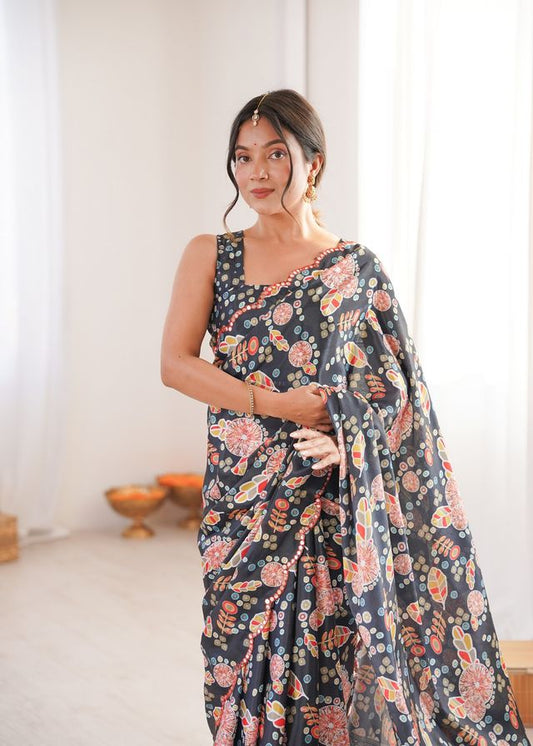 Grey Color Chinon Fabric Digital Print Smart Ethnic Saree