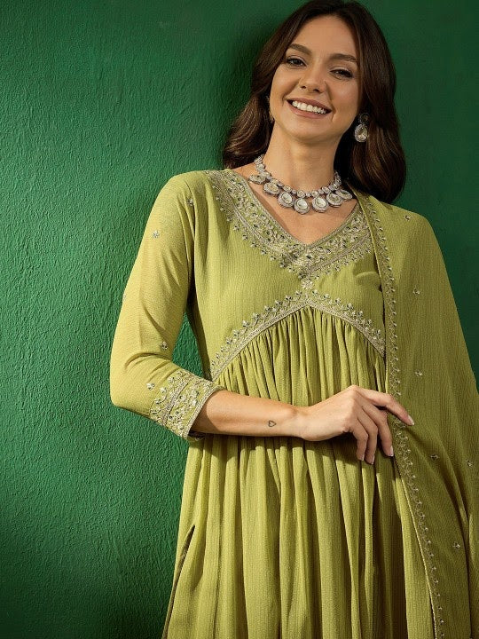 Women's Beautiful Georgette Fabric Embroidery Work Straight Kurta Pant and Dupatta Set