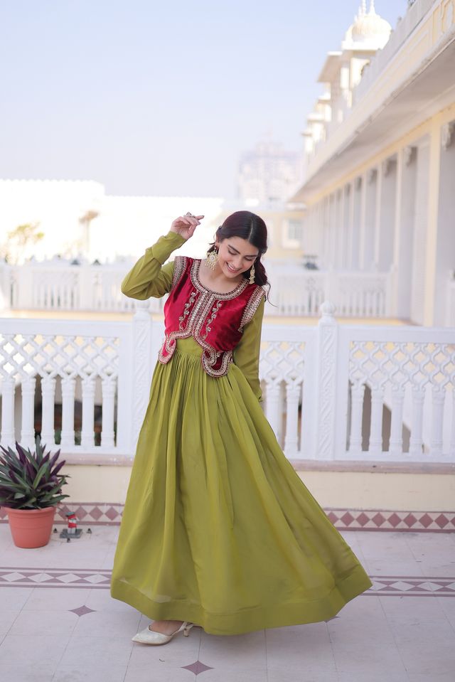 Green Color Mal Chanderi Fabric Readymade Gown With Koti For Ethnic Partywear Looks