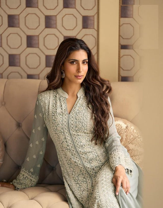 Grey pure geogette full stitched suit Free Size upto 42