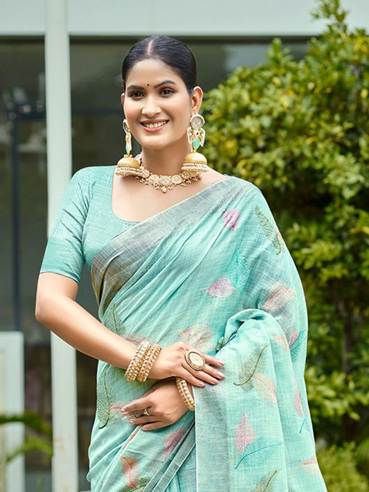 Aqua Blue Color Beautiful Rich Looks Designer Linen Fabric Ceremonial Saree