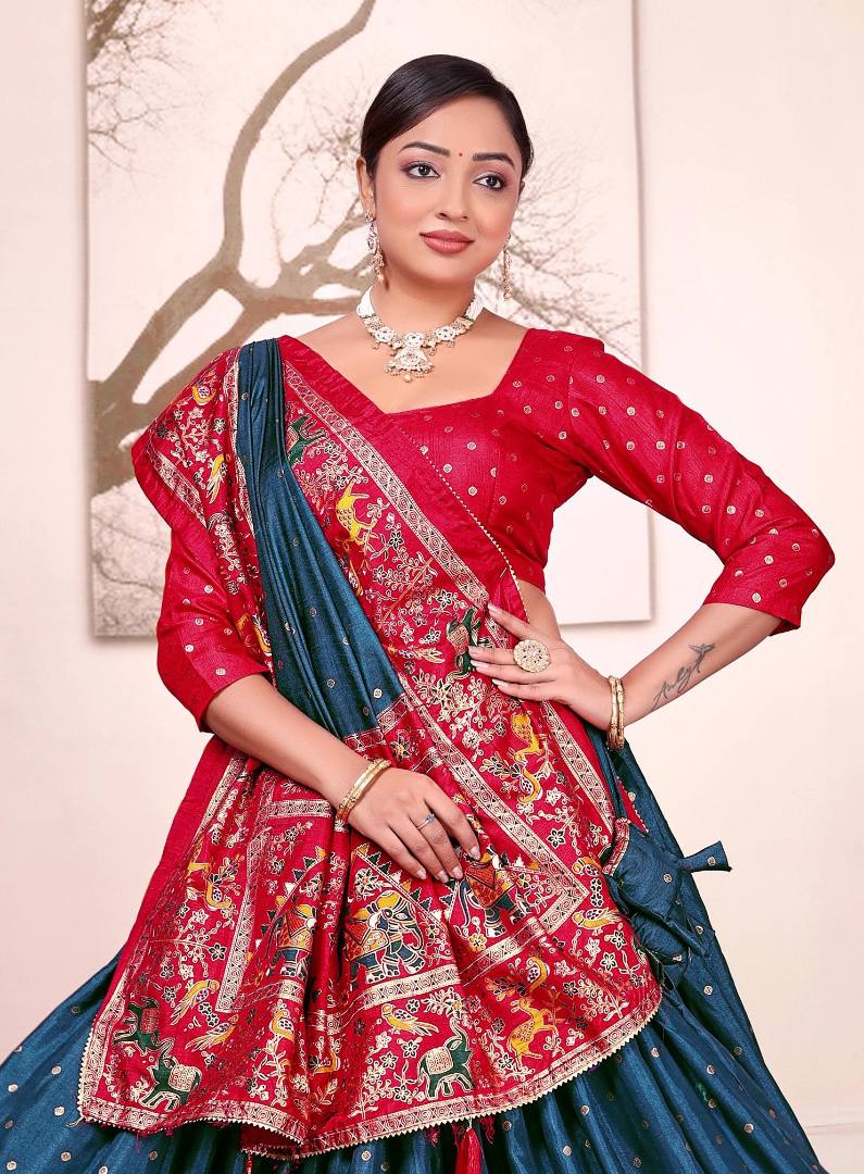 Blue patola print dola silk semi stitched lehenga choli with tassels