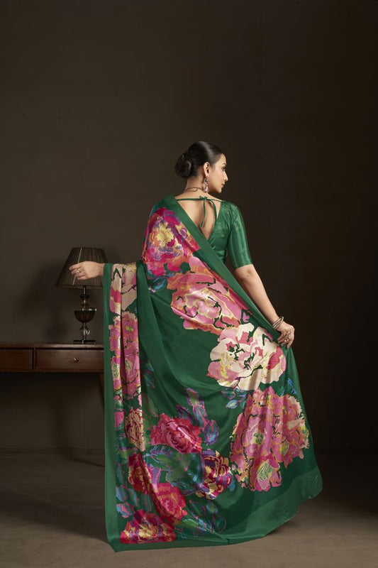 Green Color Stylish Digital Printed Silk Crepe Fabric Saree For Trendy Looks