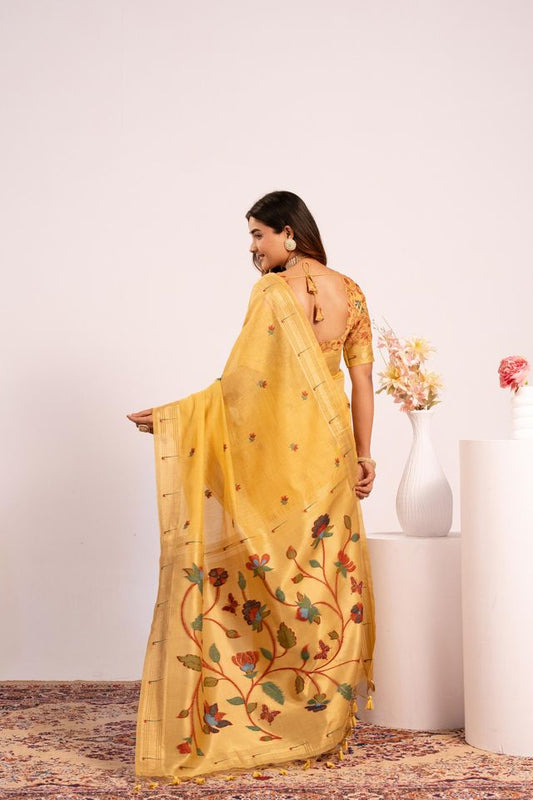 Yellow Color Muga Cotton Fabric Paithani Weaving Designer Partywear Saree
