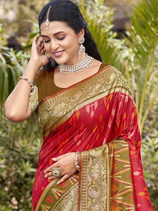 Red Color Pochampalli Silk Fabric Woven designer Ethnic Partywear Saree