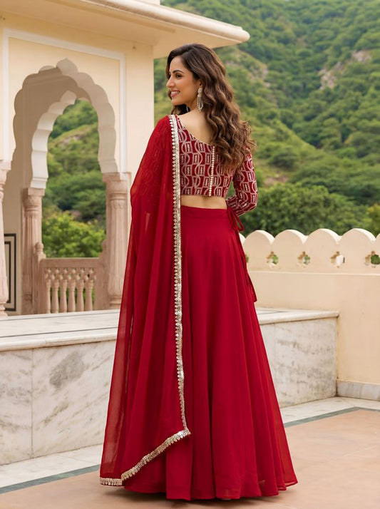 Red Color Georgette Fabric Designer Embroidered Lehenga Choli For Ceremonial Looks