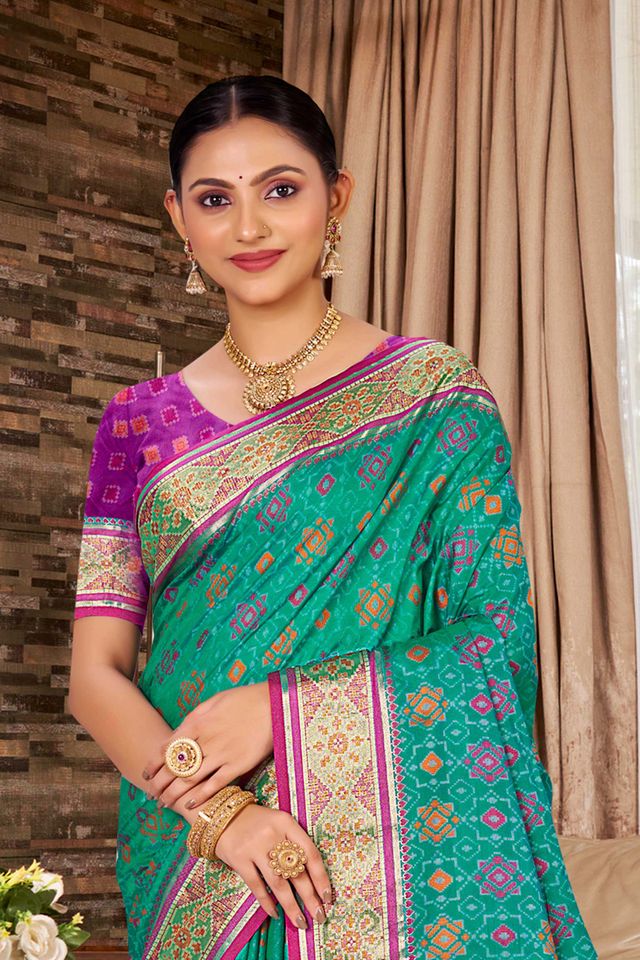Rama Color Ethnic Patola Silk Fabric Beautiful Festive Saree