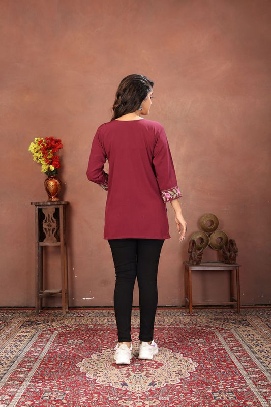 Wine Color Rinkal Cotton Fabric Formal Looking Casual Short Kurta