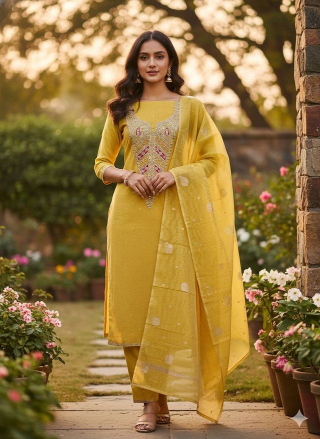 Mustard Color Kasha Simmer Fabric Designer Embroidered Partywear Salwar Kameez