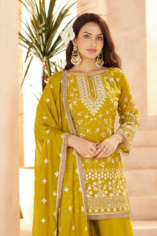 Mustard Yellow Georgette All Over Cotton Thread & Sequins Work Palazzo Sets Size upto 44