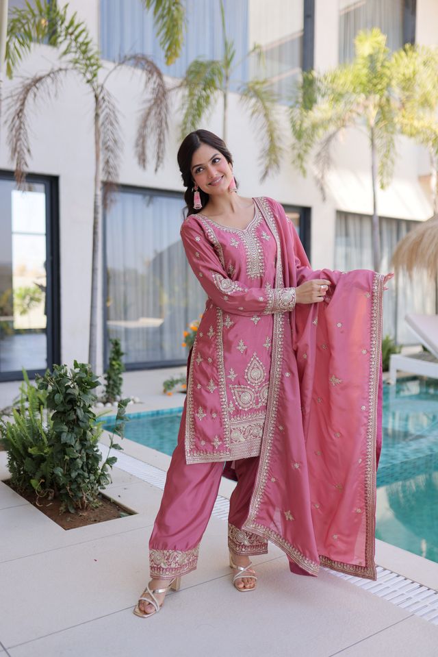 Pink Color Beautiful Ho Silk Fabric Stylish Ceremonial Attire