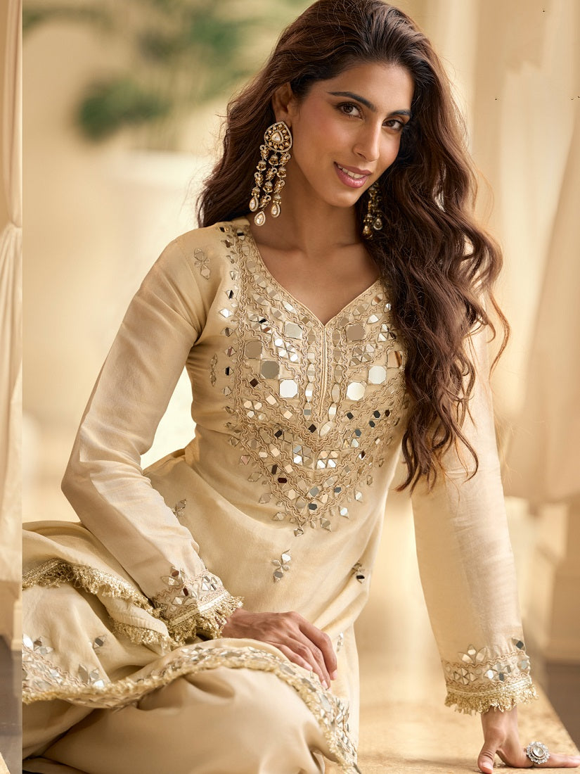 Ceam Silk Blend Mirror Embroidered Work Kurti Plazzo Set With Dupatta