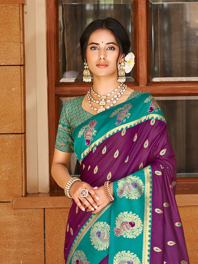 Wine Color Ethnic Woven Designer Partywear Saree