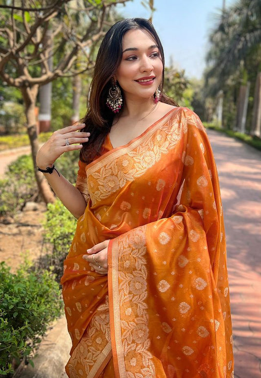 Orange Color Organza Fabric Woven Designer Ceremonial Partywear Saree