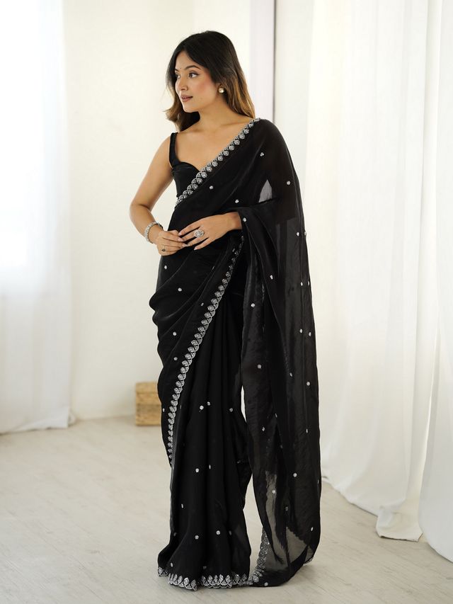 Black Color Beautiful Fancy Partywear Fendy Satin Saree