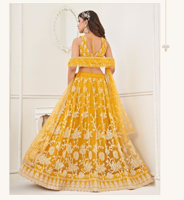 Yellow Embroidery Net A Line Lehenga With Blouse