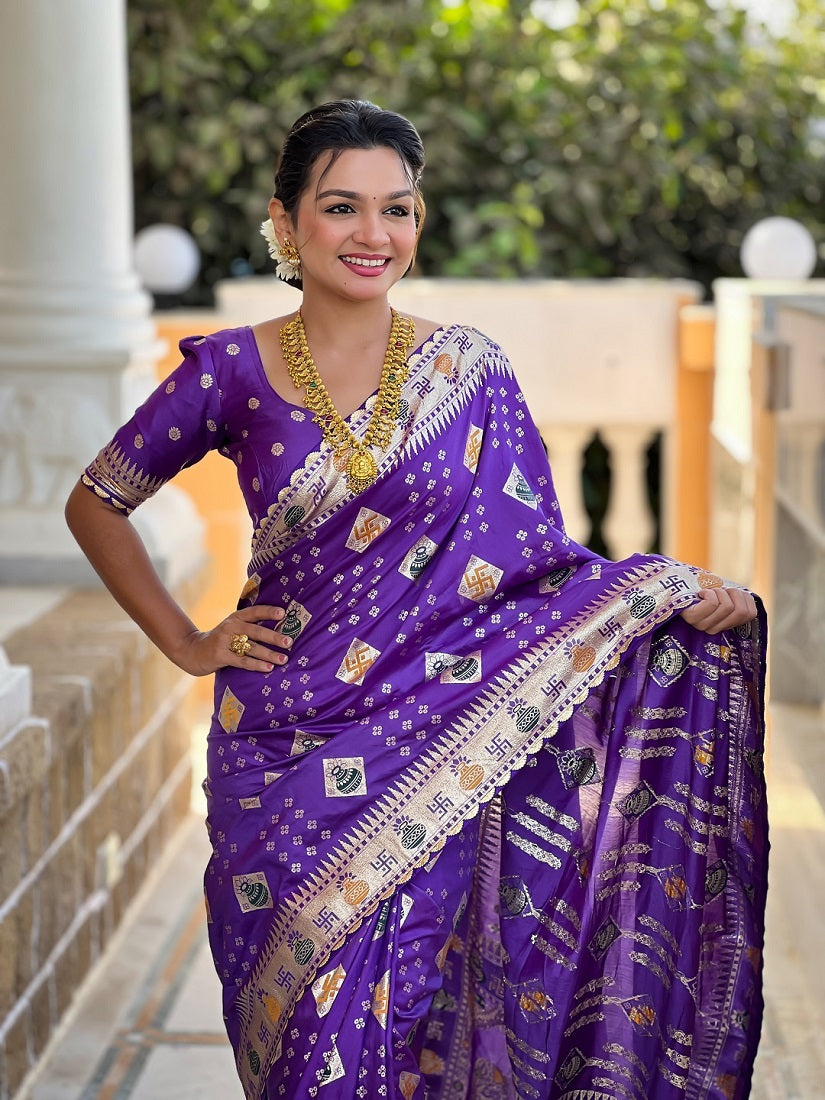 Violet Soft Dolla Silk Meenakari Weaving Saree With Unstitched Blouse