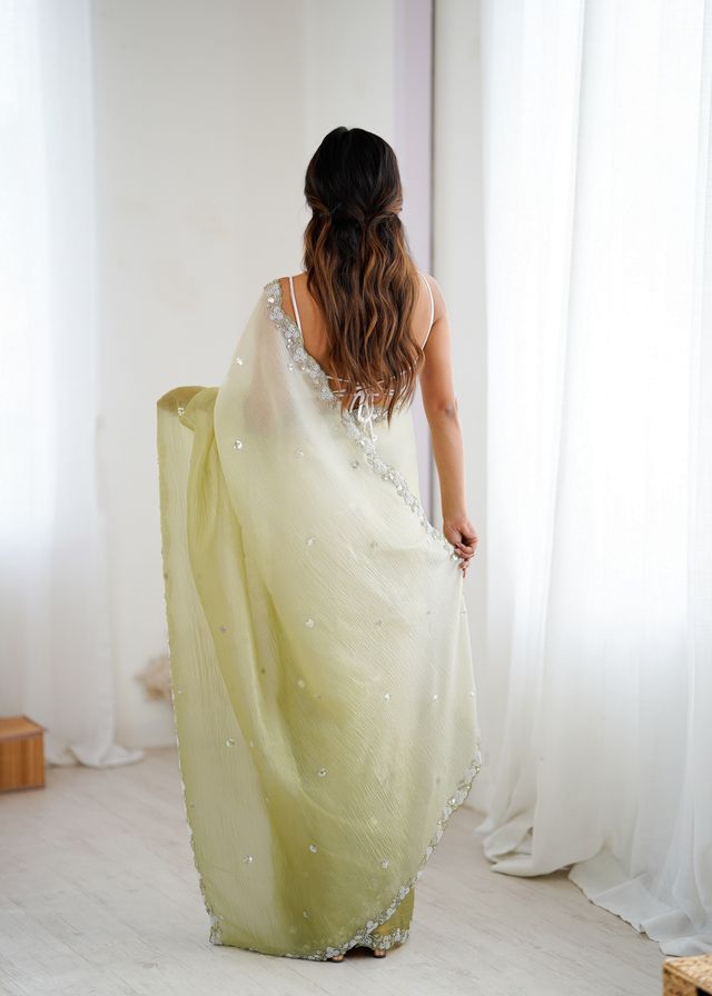 Green Color Chiffon Crush Fabric Beautiful Sophisticated Work Ceremonial Saree
