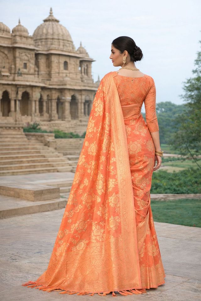 Peach Color Ethnic Crepe Silk Fabric Woven Jacquard Designer Ceremonial Saree