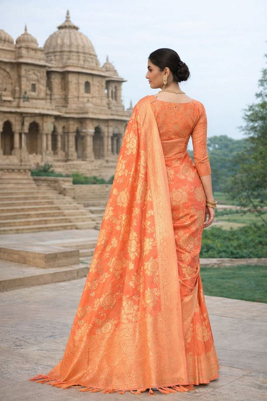Peach Color Ethnic Crepe Silk Fabric Woven Jacquard Designer Ceremonial Saree