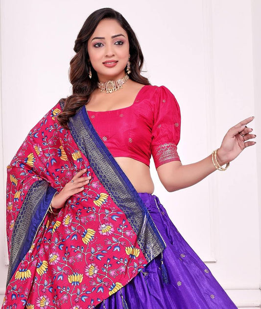 Violet patola print dola silk semi stitched lehenga choli with tassels