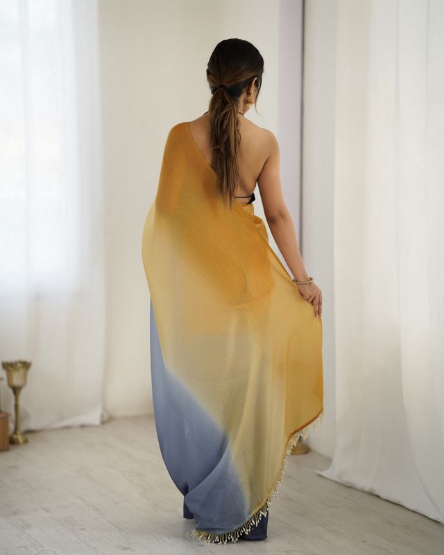 Designer Yellow-Grey Color Candy Crush Silk Fabric Stylish Pre Stitched Saree
